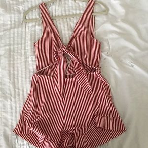 Zara red and white striped front tie romper